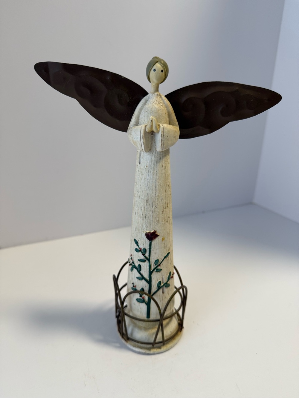 Shabby Chic Farmhouse Angel Figurine | Metal Wings & Fence Base
